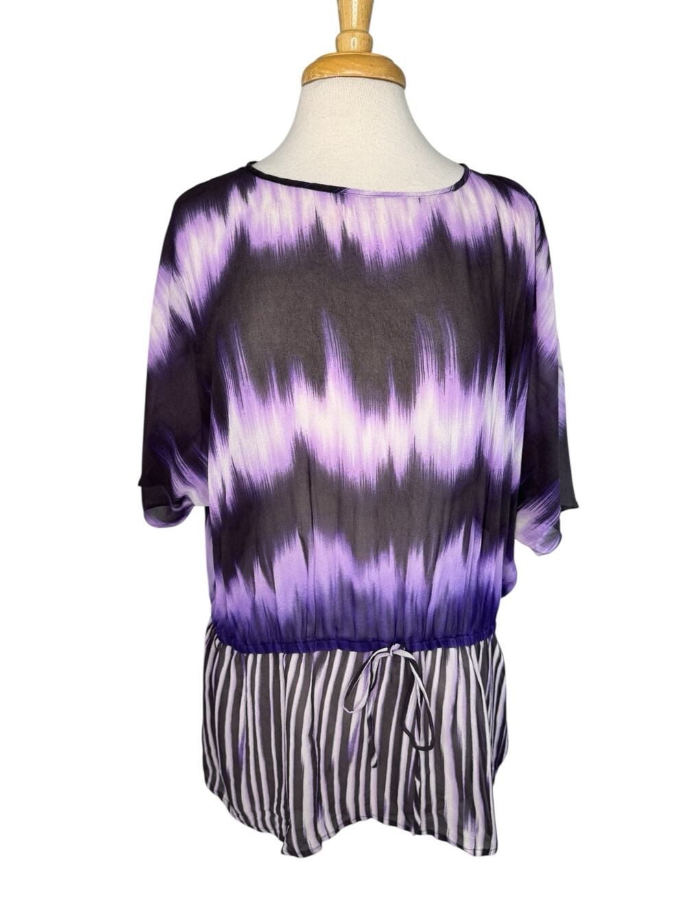 CHICOS Purple Silk Art Dyed Stripe Blouse Size XL (3) Sheer Lightweight Ties